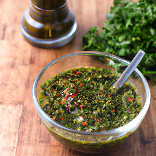 Freshly made chimichurri sauce with parsley, garlic, and red pepper flakes